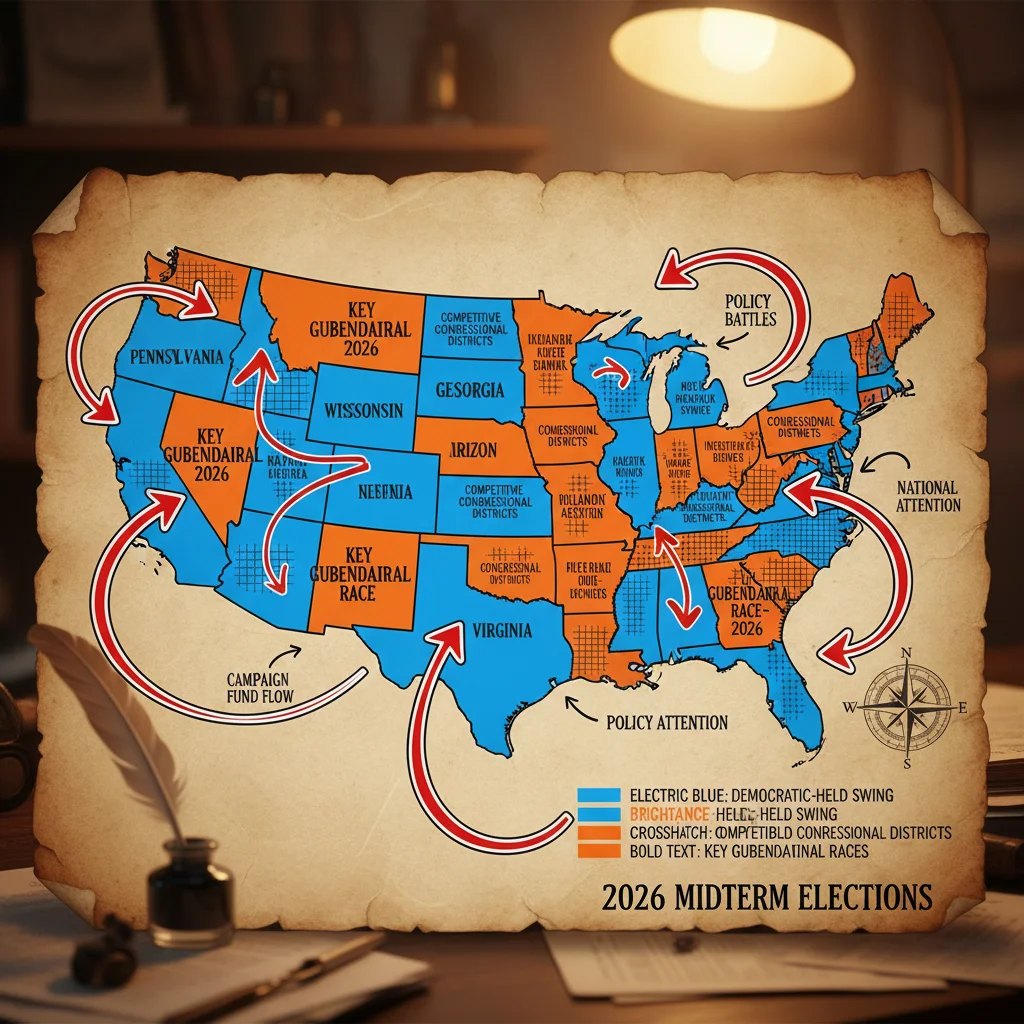Map of the U.S. indicating competitive congressional and gubernatorial races for the 2026 midterms.