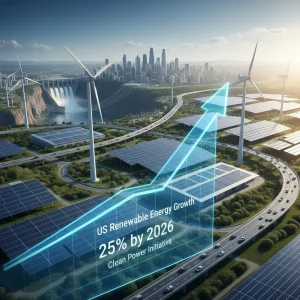 Illustration of diverse renewable energy sources powering the U.S. grid, symbolizing 25% generation by 2026.