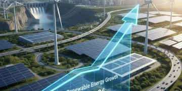 Illustration of diverse renewable energy sources powering the U.S. grid, symbolizing 25% generation by 2026.