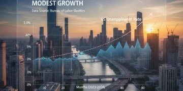 Graph showing stable US unemployment rate at 3.9% in early 2026 with a city skyline background.