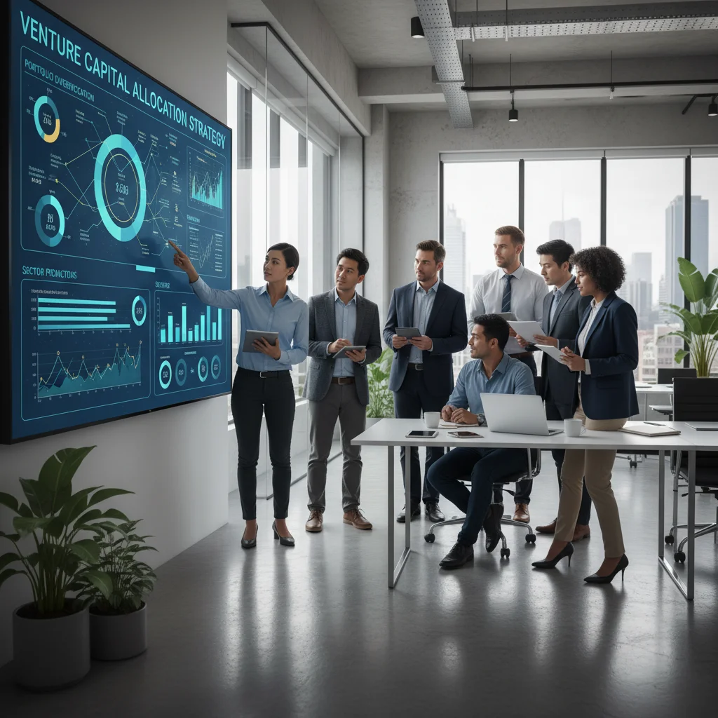 Professionals analyzing financial data on a large screen, discussing venture capital strategies.