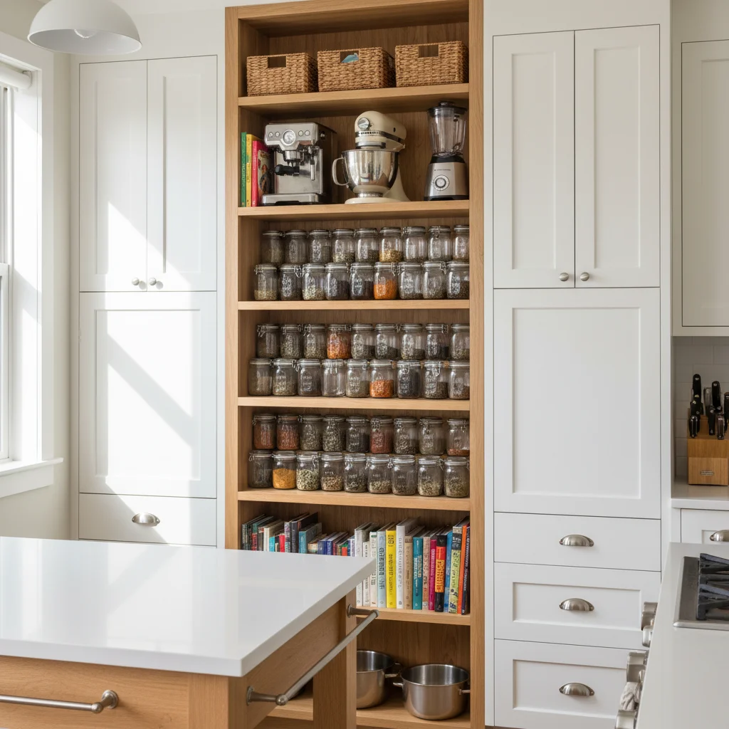 Custom vertical shelving unit in a small kitchen for efficient storage