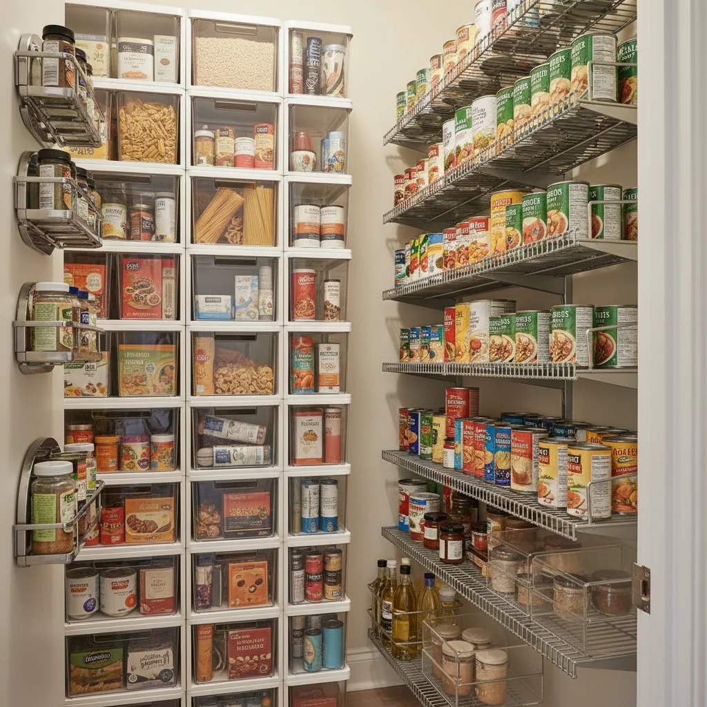 Vertical pantry storage with tiered shelves and stackable bins