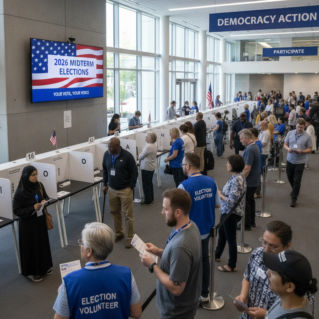 Diverse voters casting ballots at a polling station during the 2026 Midterm Elections.