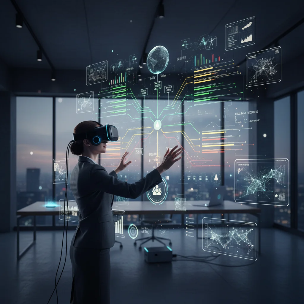 Project manager using VR for AI-driven project visualization