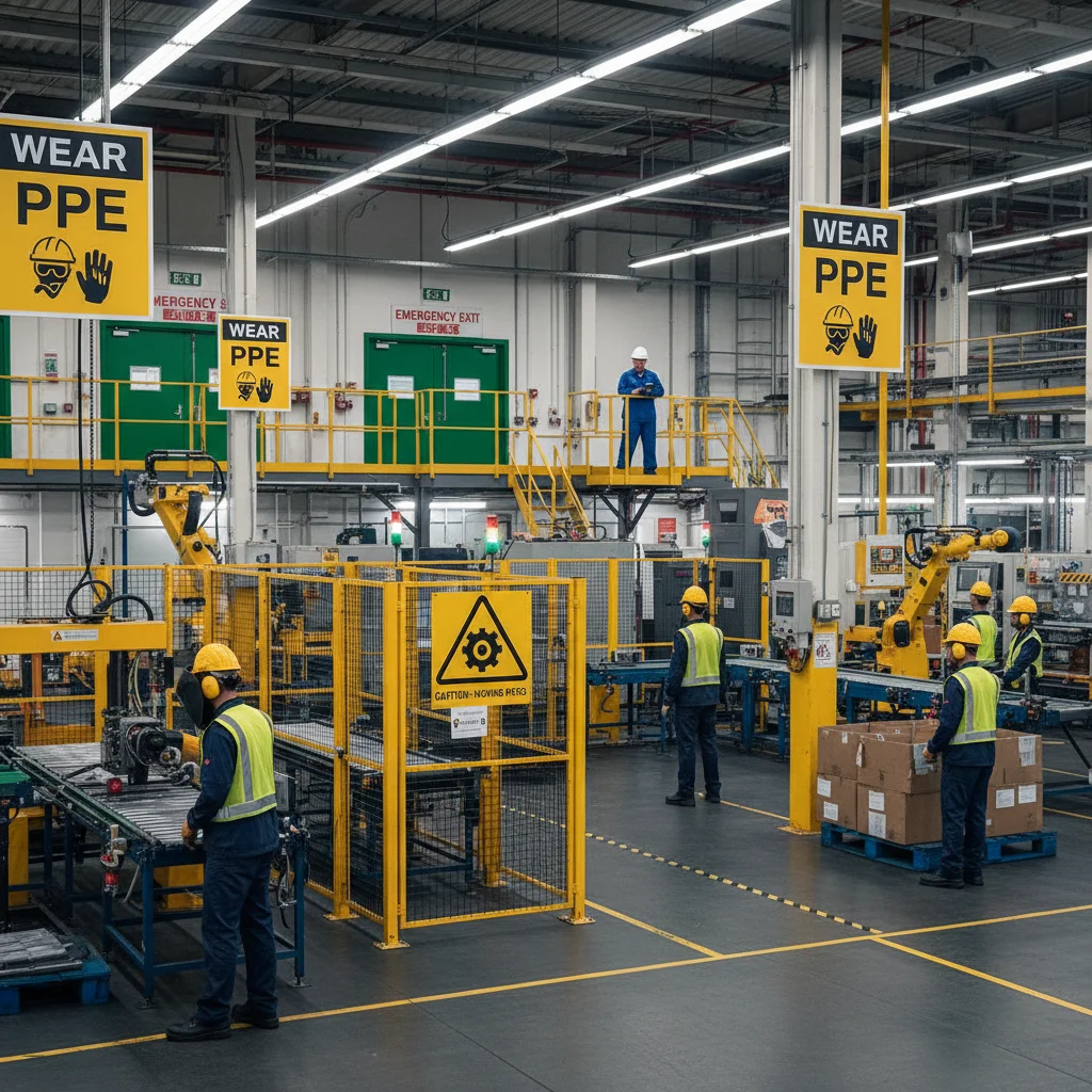 Industrial workplace with clear safety signage and workers following protocols.