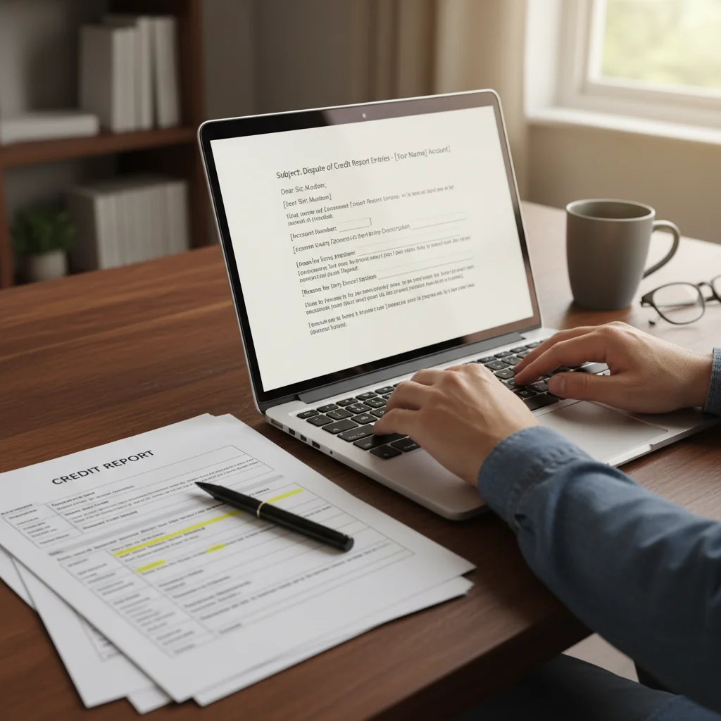 Individual drafting a credit report dispute letter on a laptop