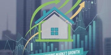 Stylized house with upward arrows over financial charts, symbolizing 2026 housing market forecast and economic indicators.