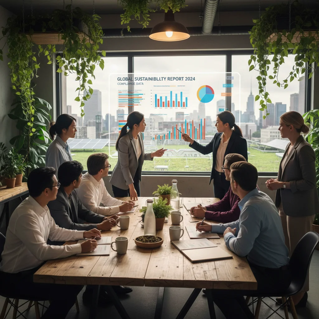 Business team reviewing environmental compliance report in green office