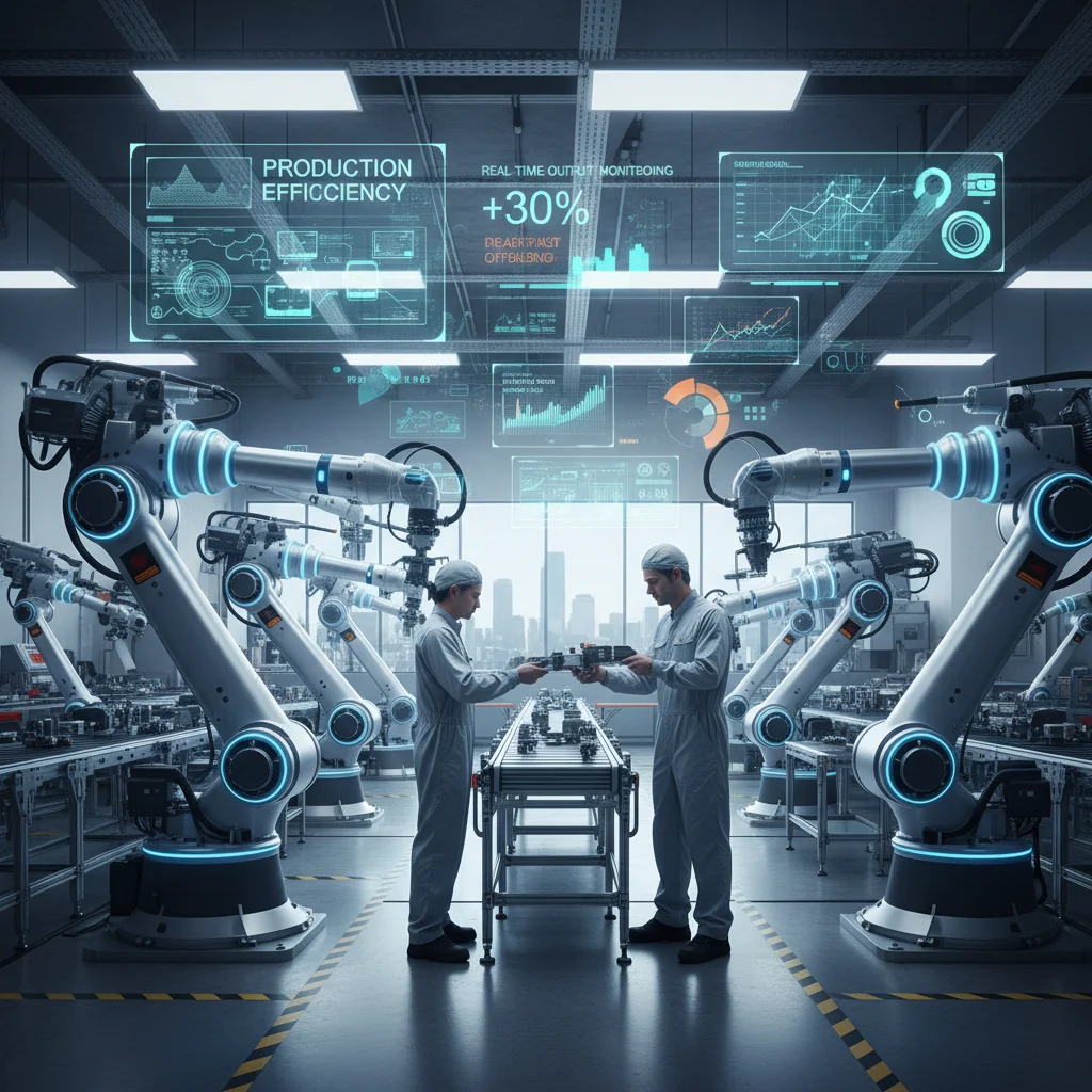 Robots and humans collaborating in a modern automated factory setting.
