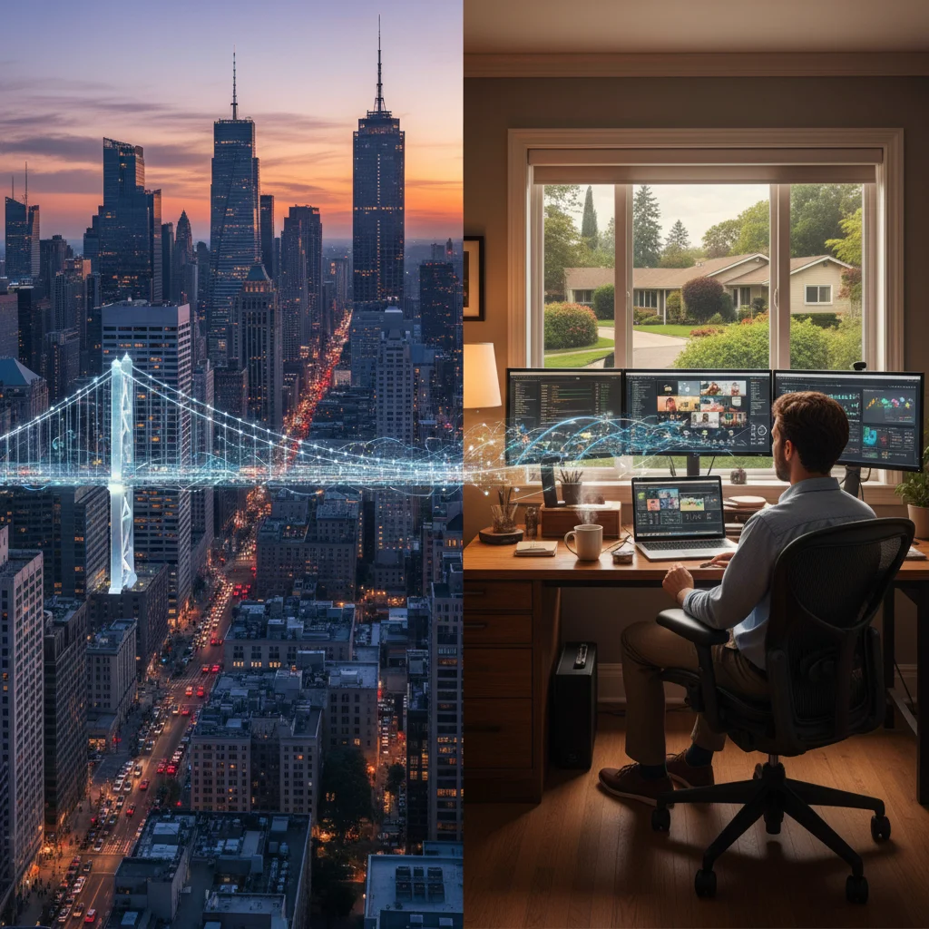 Decentralized workforce concept showing city and suburban home office connected by digital bridge.