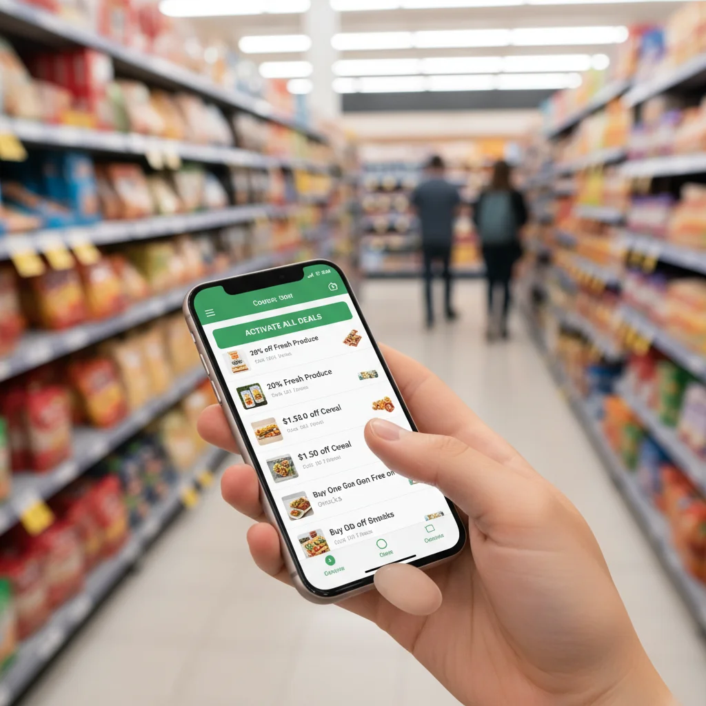 Hand using a smartphone with a digital coupon app in a grocery store.