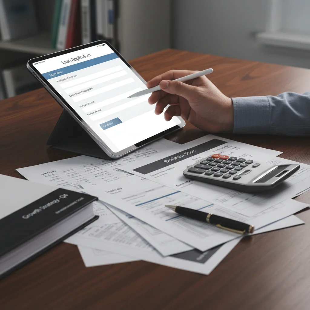 Person meticulously completing a digital small business loan application form.