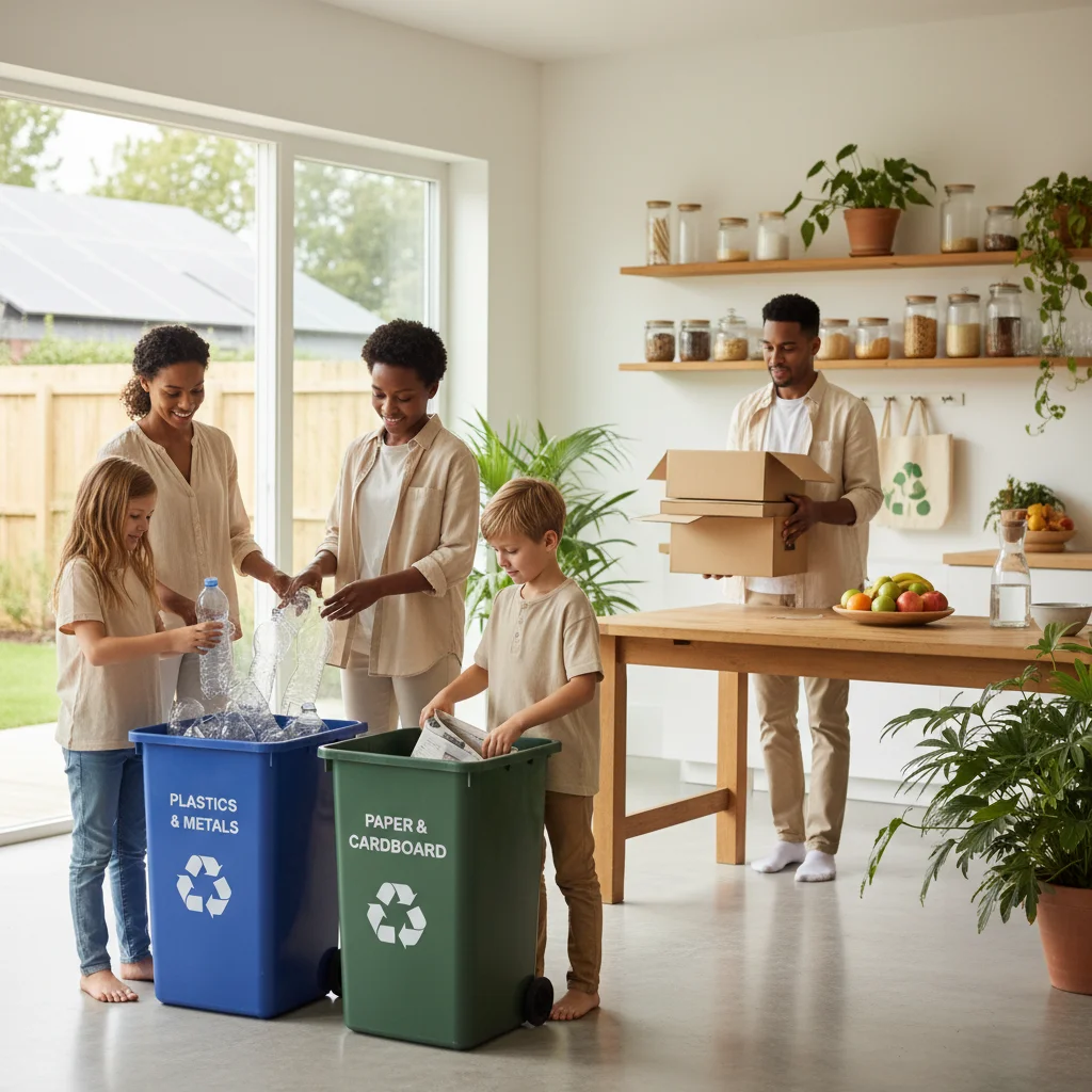 Family recycling at home practicing sustainable consumer habits