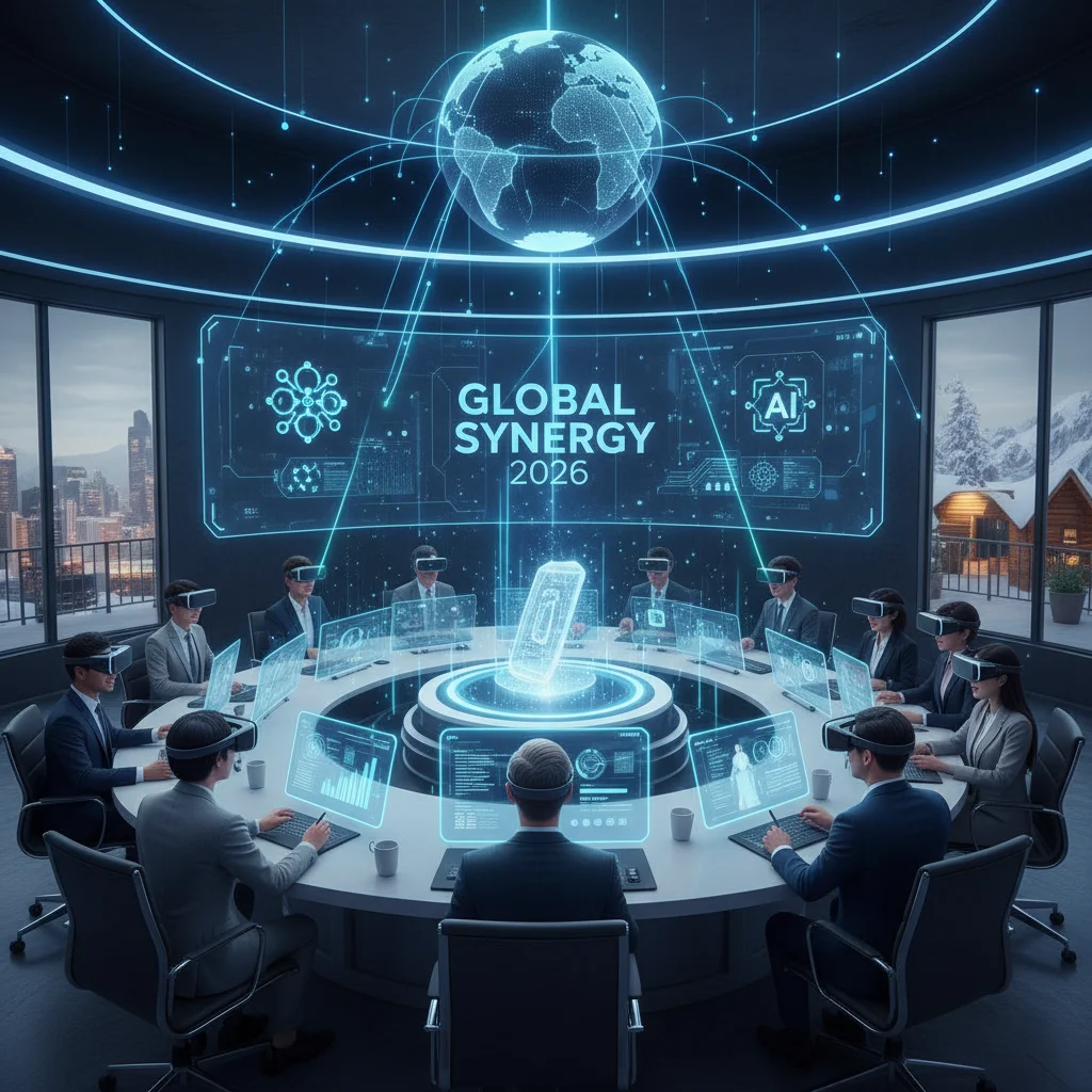 Professionals collaborating globally in a virtual reality meeting, AI-powered tools.