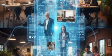 Professionals collaborating virtually in a futuristic remote work setting, showcasing technology and flexibility.
