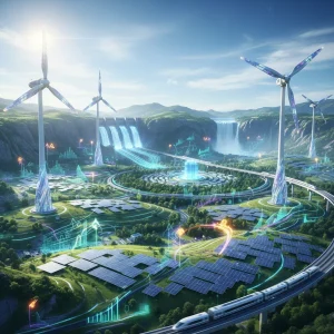 Future energy market powered by diverse renewable sources like wind, solar, and hydro, illustrating sustainable economic growth.