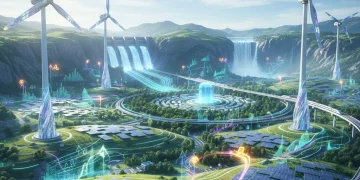 Future energy market powered by diverse renewable sources like wind, solar, and hydro, illustrating sustainable economic growth.