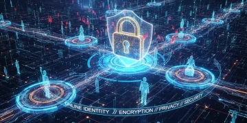 Futuristic digital network with security lock icon, symbolizing digital identity protection.