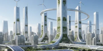Futuristic green city with sustainable energy and clean environment