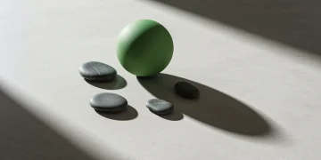 A minimalist modern professional photograph featuring a smooth, matte green ceramic sphere centered on a polished concrete surface, surrounded by three dark grey river stones. Soft diffused overhead lighting creates subtle shadows.
