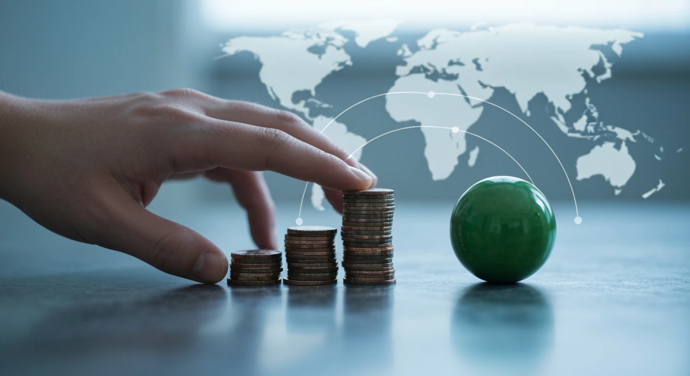A human hand gently pushes a stack of copper coins across a concrete surface towards a green sphere, representing economic forces affecting personal finance.