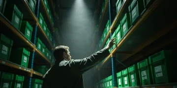A person's hand reaching into a dimly lit, nearly empty warehouse shelf with green-hued shipping containers, illustrating the impact of global supply chain disruptions on local availability.