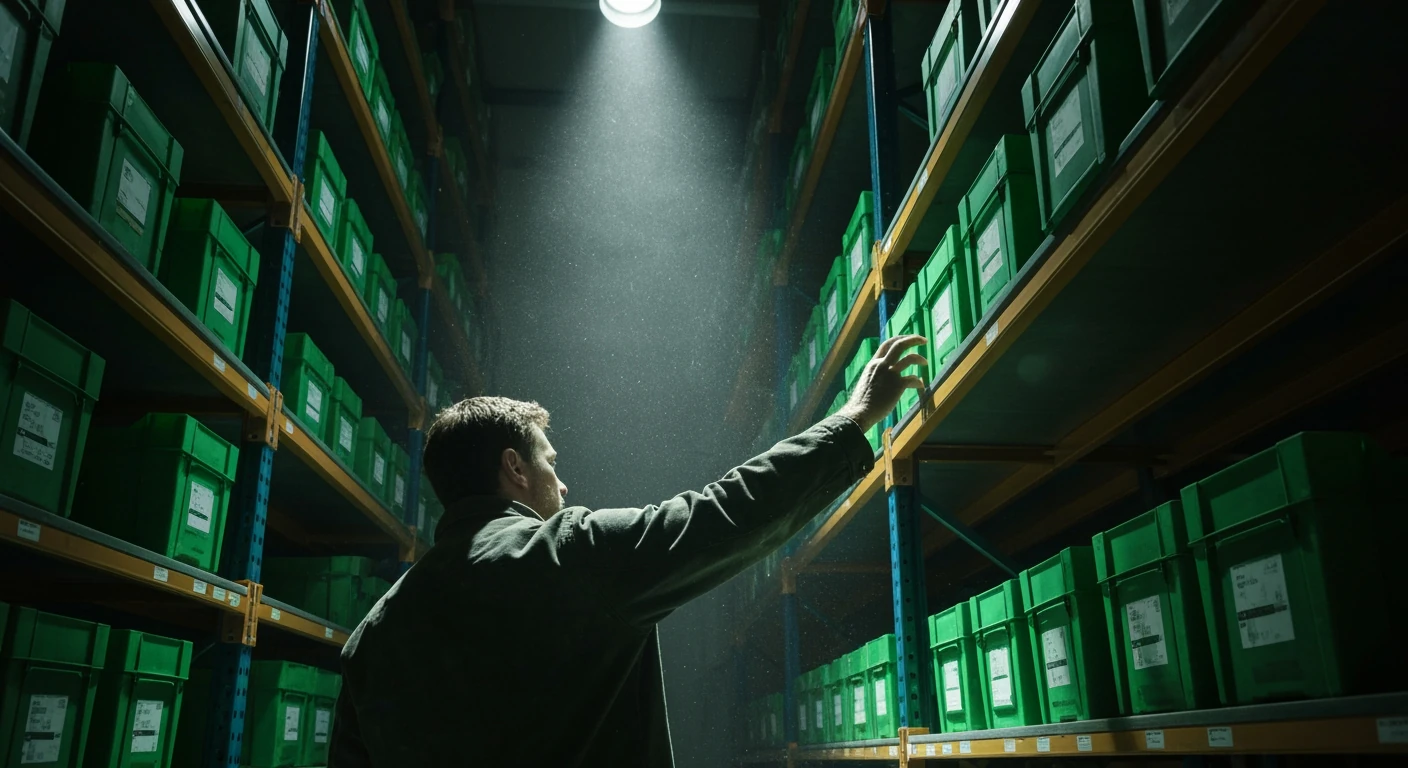 A person's hand reaching into a dimly lit, nearly empty warehouse shelf with green-hued shipping containers, illustrating the impact of global supply chain disruptions on local availability.