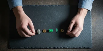 An overhead view of hands precisely arranging a small river stone, green lego, brass gear, and green paperclip on a dark slate surface, symbolizing the accumulation of small productivity gains.