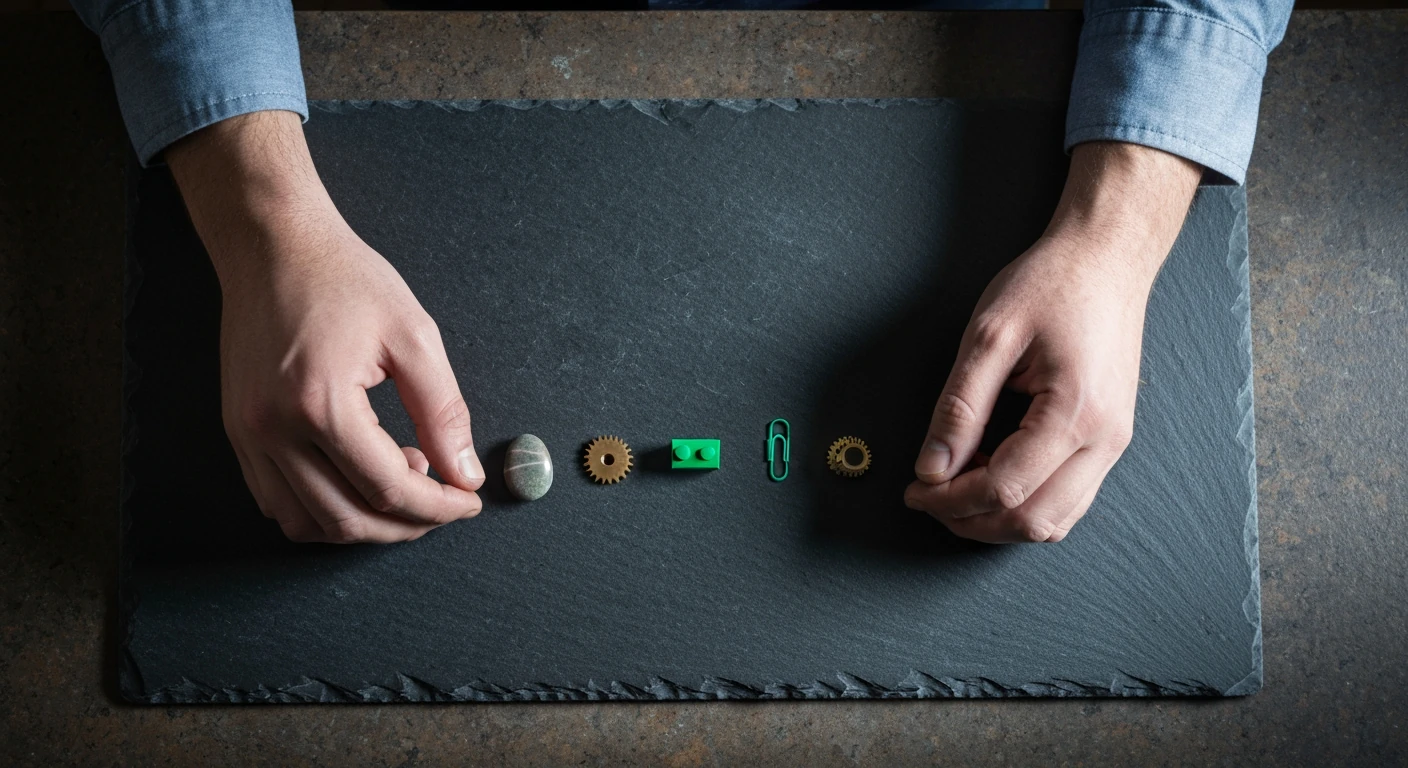 An overhead view of hands precisely arranging a small river stone, green lego, brass gear, and green paperclip on a dark slate surface, symbolizing the accumulation of small productivity gains.
