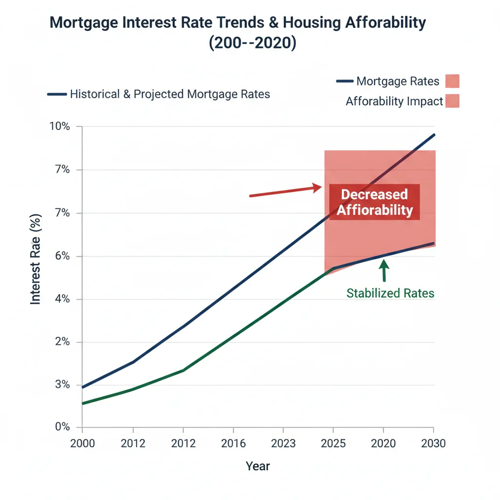 Graph showing historical and projected interest rate trends, impacting mortgage affordability in the housing market.