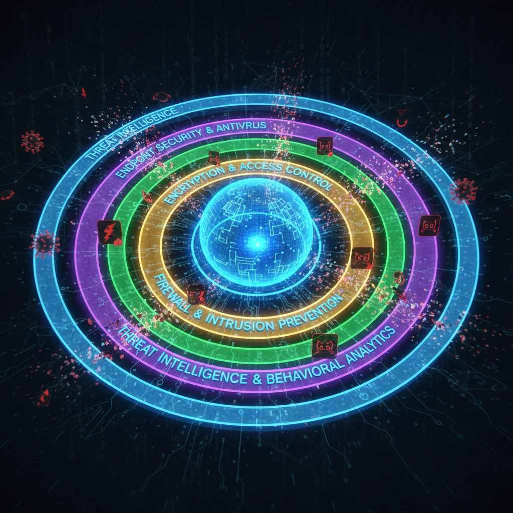 Multi-layered cybersecurity defense system protecting a central data core.