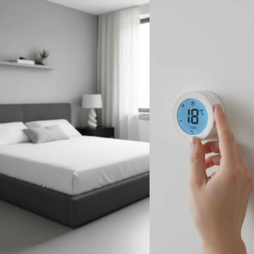 Hand adjusting smart thermostat to optimal cool sleeping temperature