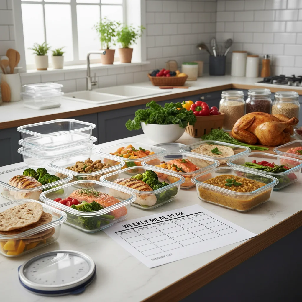 Organized meal prep containers and fresh ingredients on a kitchen counter.