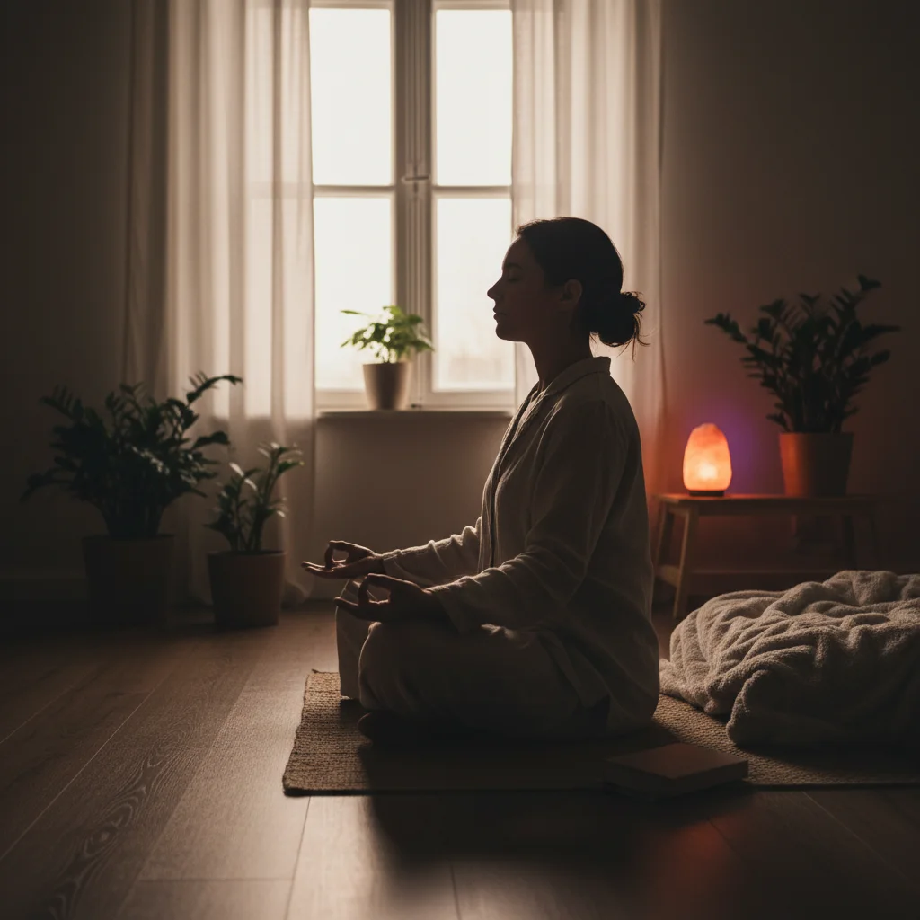 Person meditating gently before bed for relaxation and improved sleep
