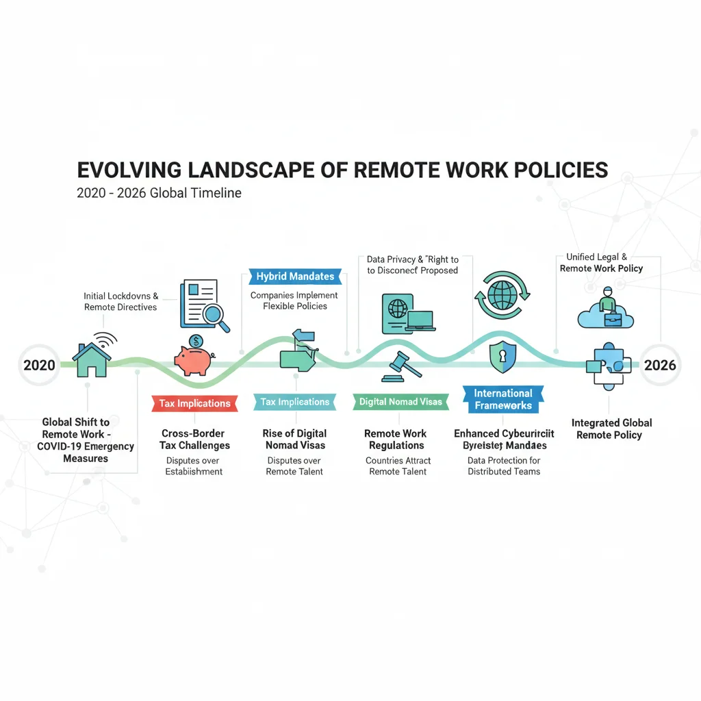 Timeline graphic showing key remote work policy changes and their impact on the American workforce.
