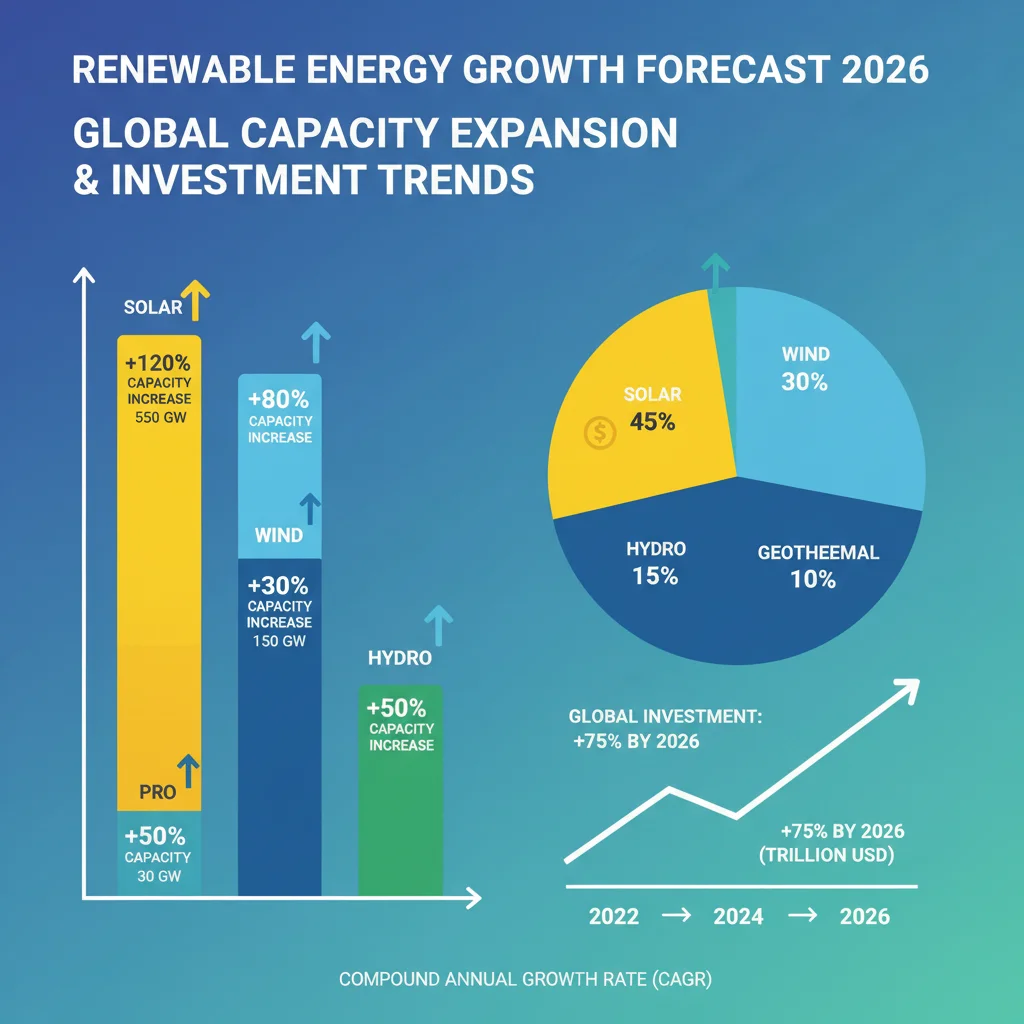 Infographic showing projected growth and investment trends in solar, wind, and other renewable energy technologies by 2026.