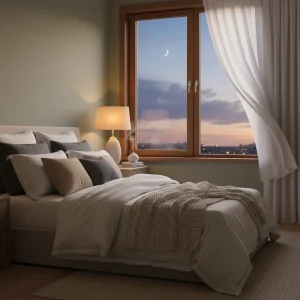 Unlock Deeper Sleep: 5 Simple Adjustments for an Extra Hour of Rest Serene bedroom with soft lighting, inviting bed, and peaceful twilight view for deeper sleep