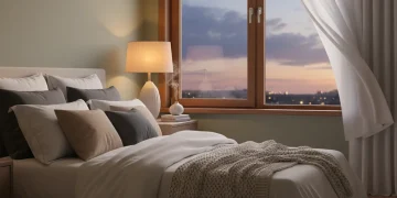 Serene bedroom with soft lighting, inviting bed, and peaceful twilight view for deeper sleep