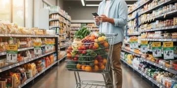 Person smartly shopping in a grocery store aisle with a full cart and a digital list.