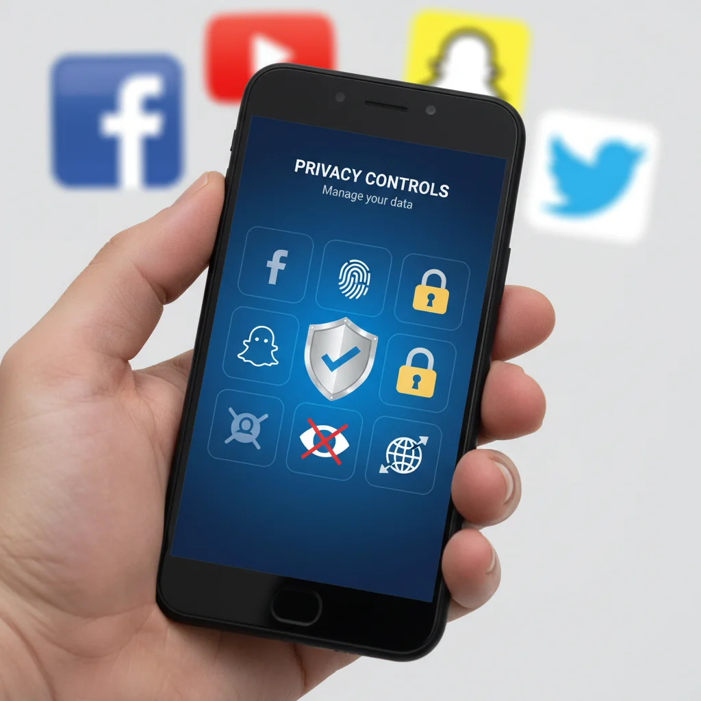 Hand holding smartphone showing privacy settings and social media icons.