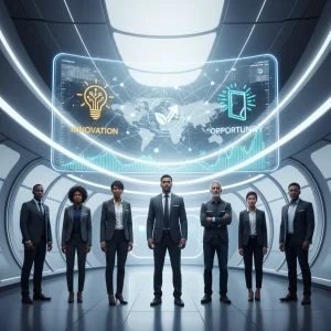 Diverse professionals analyzing futuristic job market data and growth trends for 2026.