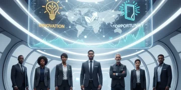 Diverse professionals analyzing futuristic job market data and growth trends for 2026.