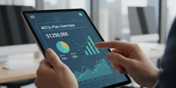 Hands interacting with a tablet showing 401(k) plan, symbolizing retirement planning and investment decisions.