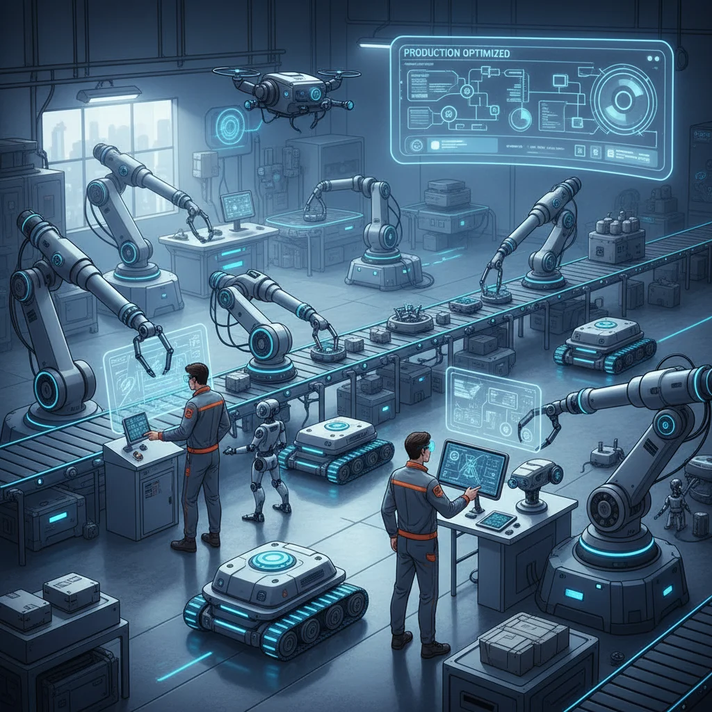 Robotics and human technicians collaborating in an advanced manufacturing facility, illustrating automation's impact on the workforce.