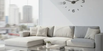 Bright, clean living room with organized furniture and shining surfaces