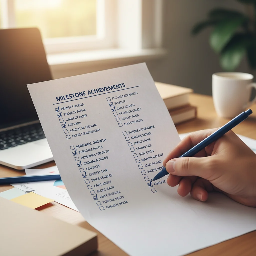 Hand ticking off completed tasks on a comprehensive checklist, symbolizing achievement