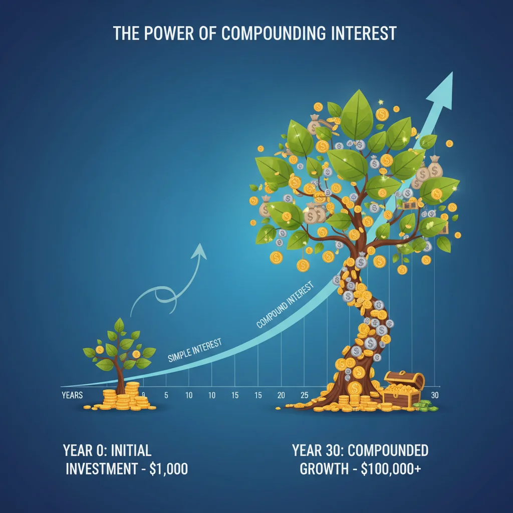 Infographic demonstrating the exponential growth of savings due to compounding interest in a retirement account.