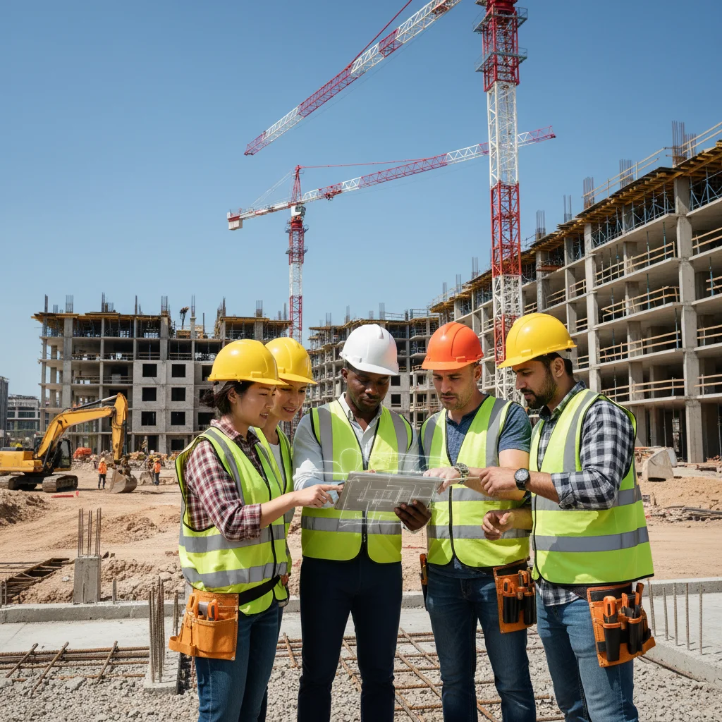 Engineers and construction workers reviewing blueprints at a busy infrastructure project site.
