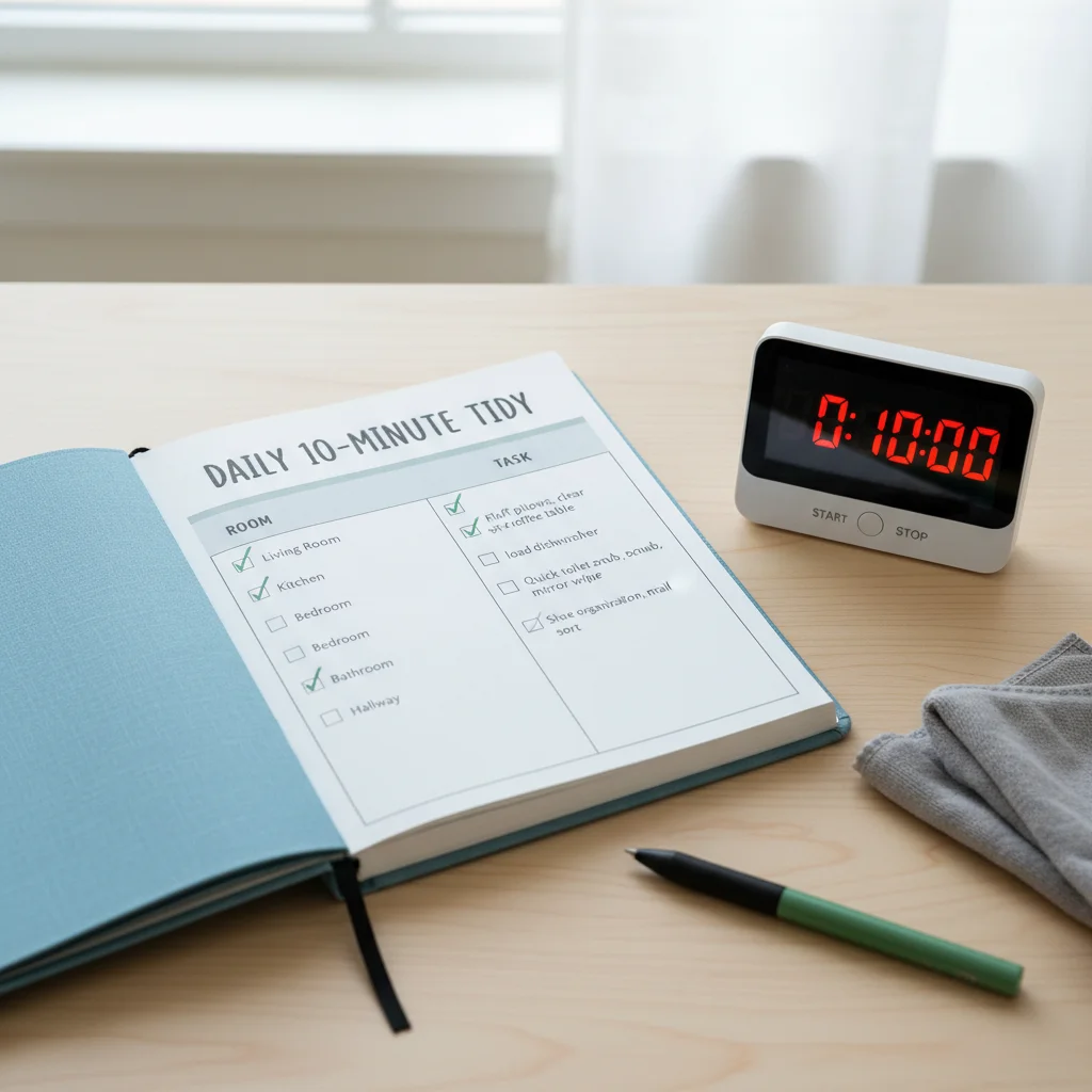 Daily cleaning checklist with timer for quick tasks